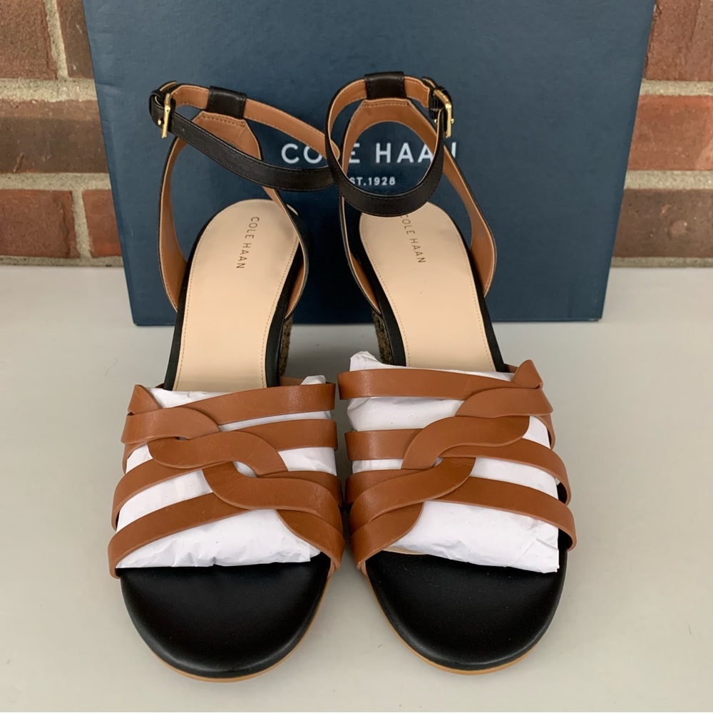Cole Haan Myra Grand Wedge Sandals Women’s US 11 M Braided Black/Tan Leather NEW - Picture 3 of 8